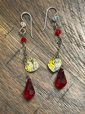 Crystal Heart & Red Teardrop Dangle Earrings - Women Jewelry